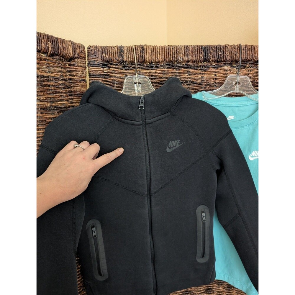 Nike Tech Fleece Zip Up Hoodie Jacket Tee Shirt Girl's Medium Large Black Aqua - Picture 3 of 10